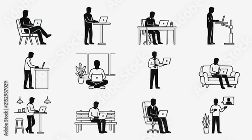 Modern Black and White Illustrations of Various Creative Work from Home and Office Setups with Laptops