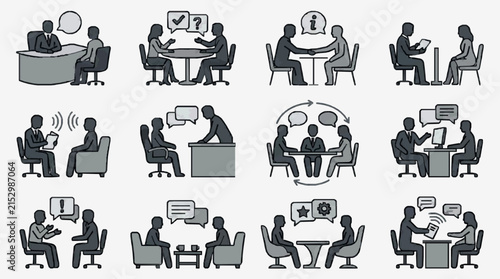 Modern Black and White Illustrations of Various Professional Meeting and Communication Scenarios