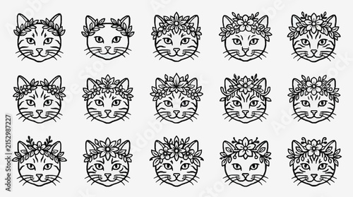 Modern Black and White Line Art Cats with Floral Crowns Stylish Set of 15 Designs with high quality professional line art symbols for modern creative design and digital branding projects