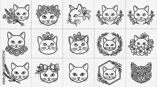 Modern Black and White Line Art Cat Faces with Floral and Leaf Crowns Design Collection with high quality professional line art symbols for modern creative design and digital branding projects