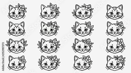 Modern Black and White Line Art Cats with Floral Crowns Whimsical Minimalist Design Set of 16 with high quality professional line art symbols for modern creative design and digital branding projects