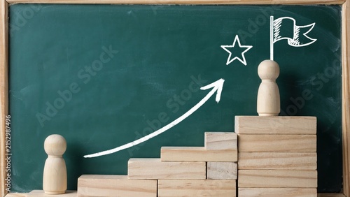 Wooden figures on stair blocks for career growth against green chalkboard