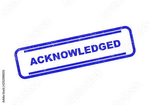 Blue ink rubber stamp icon with the text acknowledged inside a rectangular frame design isolated on transparent background