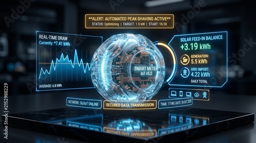 Futuristic smart grid command center with glowing holographic sphere displaying energy data and real-time power metrics