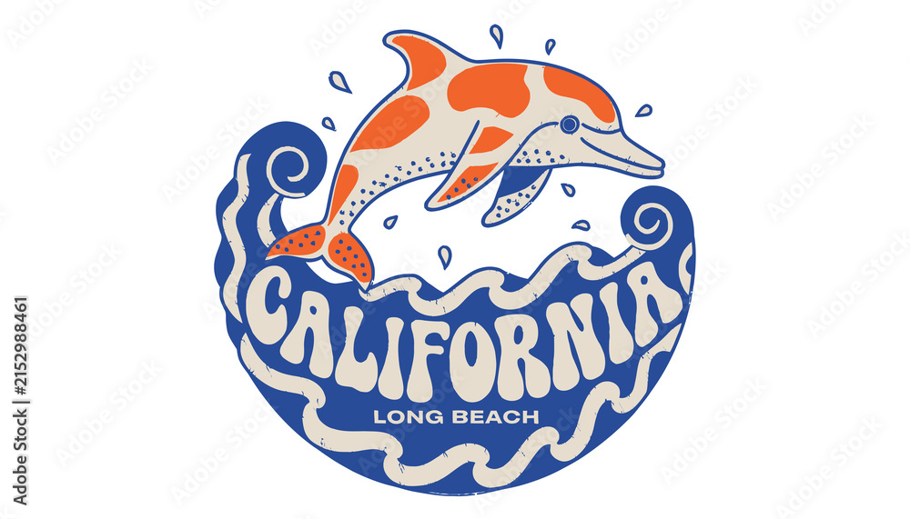 Fototapeta premium Retro California Dolphin Wave Long Beach Graphic T-shirt Design | Ocean Surf Art