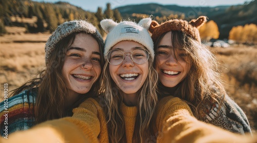Three women wearing animal-themed hats taking a selfie outdoors during fall