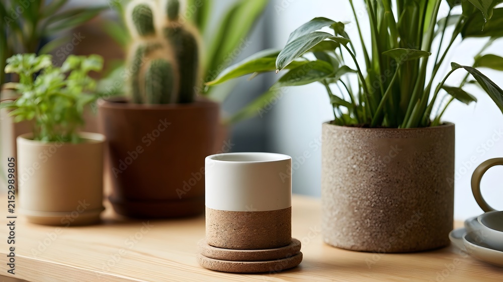 Fototapeta premium A wooden surface holds potted plants and a ceramic mug on cork coasters creating a calm indoor greenery scene