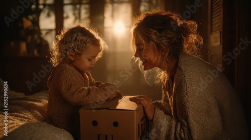 Warm Domestic Scene of Mother and Child Playing with Cardboard Robot at Sunset