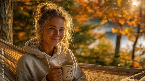 Woman Relaxing in Hammock with Autumn Landscape in Sunlight