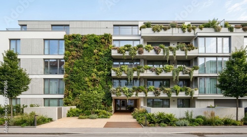 Modern residential building with climbing plants and planted balconies along a tree lined street — urban greening
