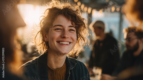 Smiling young woman with curly hair enjoying outdoor social gathering at sunset