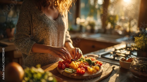 Woman preparing fresh vegetable salad in warm home kitchen with sunlight