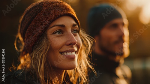 Happy woman smiling outdoors during golden sunset with man blurred in background