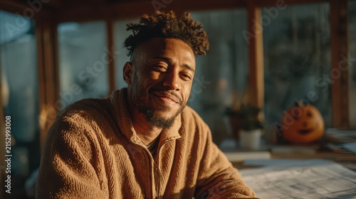 Friendly young man smiling contentedly indoors in warm natural lighting setting