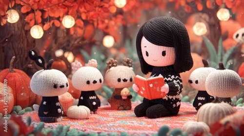 Handmade Halloween scene with knitted characters and girl reading story in autumn forest