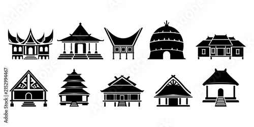 Indonesian traditional house silhouette icon set