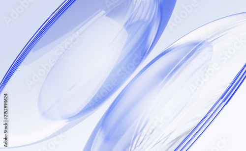 Transparent blue plastic discs on light background. Abstract glass curved 3D shapes, contact lenses. Glossy clear futuristic design for tech presentation, medical science projects. 3D illustration