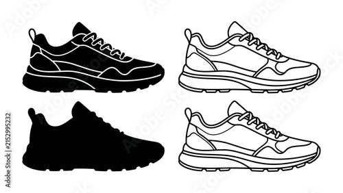Running Shoe Icons: A collection of graphic illustrations showcasing athletic running shoes in both black silhouette and outlined white designs, highlighting footwear for sports and active lifestyles.