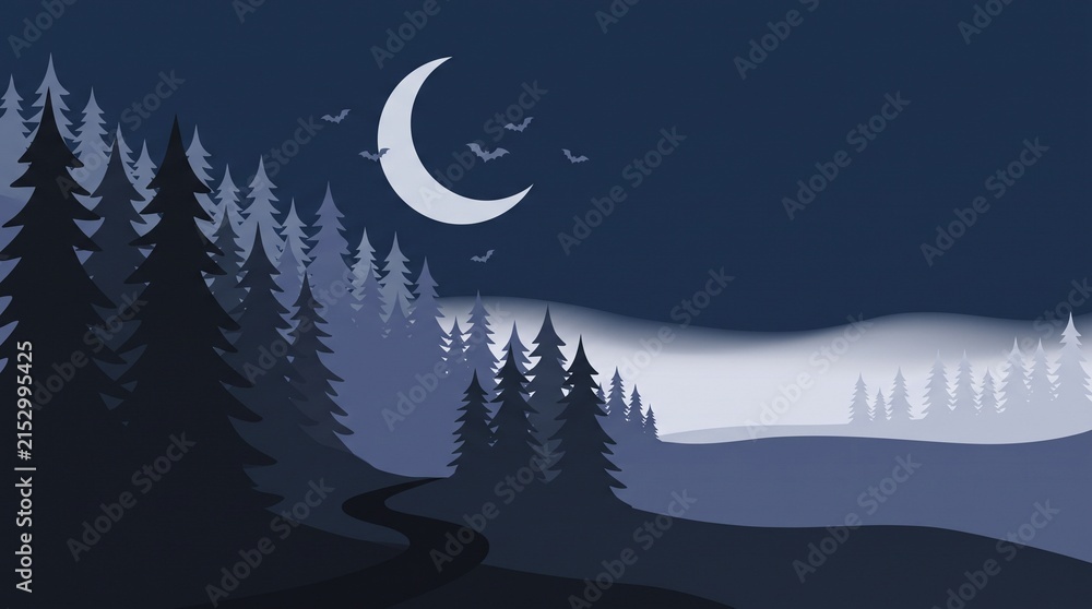 Obraz premium Spooky Halloween Night Scene With Moon and Flying Bats Over Forest