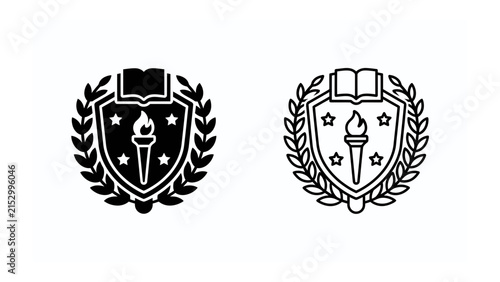 Academic Emblem: A stylized crest featuring an open book, a burning torch, and stars, encircled by a laurel wreath, representing knowledge, inspiration, and achievement.