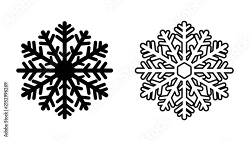 Snowflake Icons: Two detailed snowflake graphics, one solid black and the other outlined, showcase the intricate beauty of frozen crystals, symbolizing winter and cold.