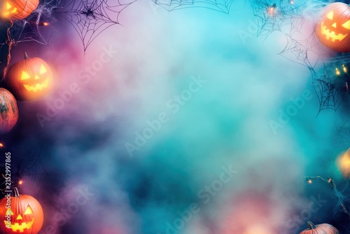 Spooky halloween background with glowing carved pumpkins and spiderwebs in colorful neon smoke