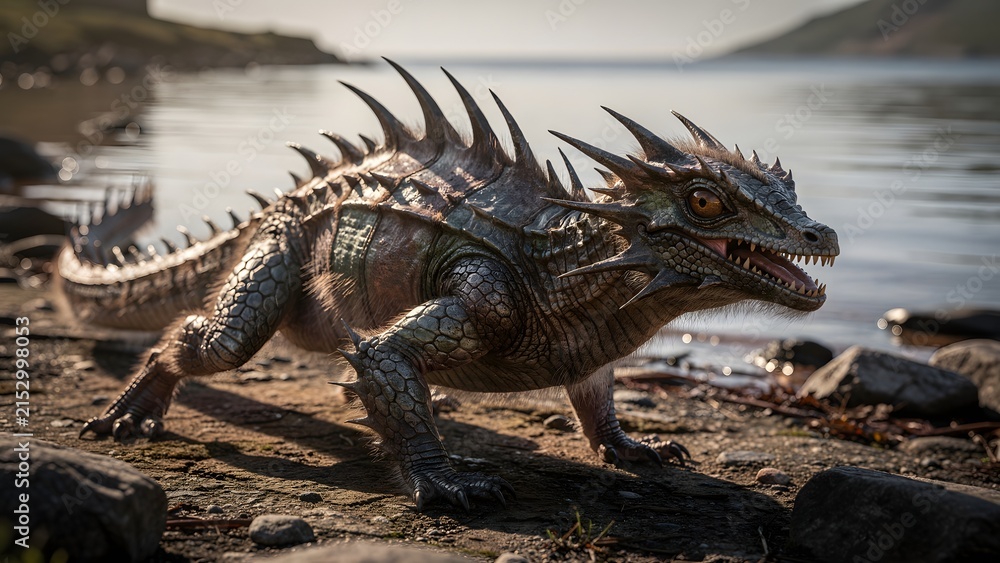 Fototapeta premium A fierce fantasy dragon creature standing on a rocky lakeshore at sunset.