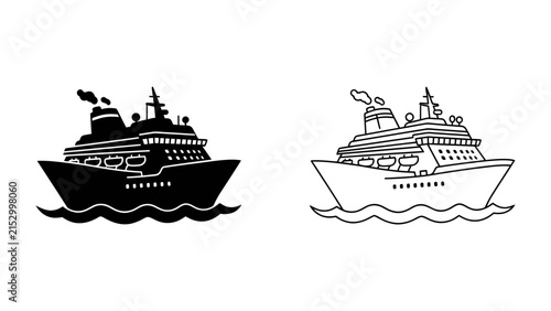 Bild auf Leinwand Cruise Ship Icon Set: A pair of distinct cruise ship icons, one in silhouette and the other a line drawing, depict a vessel sailing on gentle waves