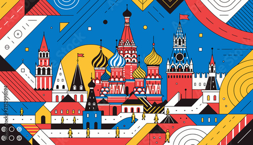 Vibrant abstract illustration of Saint Basil's Cathedral and Kremlin in Moscow, with geometric patterns and stylized figures.