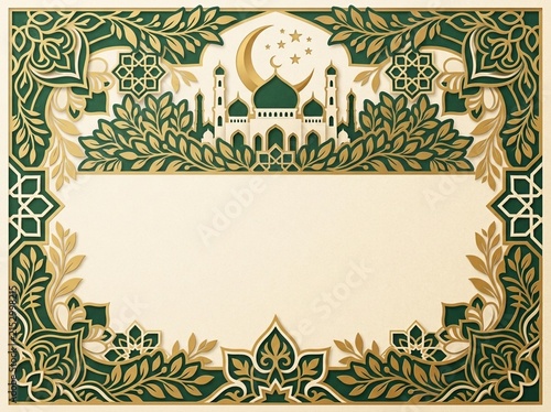Intricate Islamic architectural border featuring mosque silhouettes and green floral patterns for packaging and decorative design.