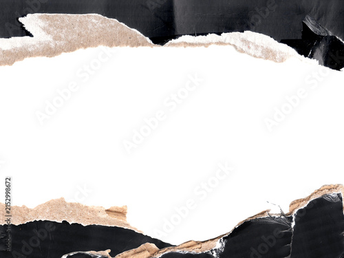 Black cardboard torn paper texture with ripped edges isolated on transparent background