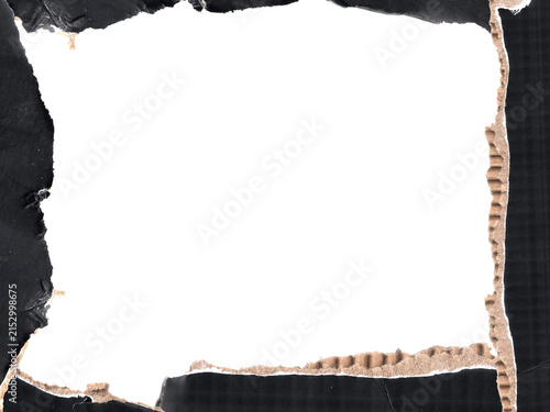 Black torn cardboard paper frame with ripped edges isolated on transparent background