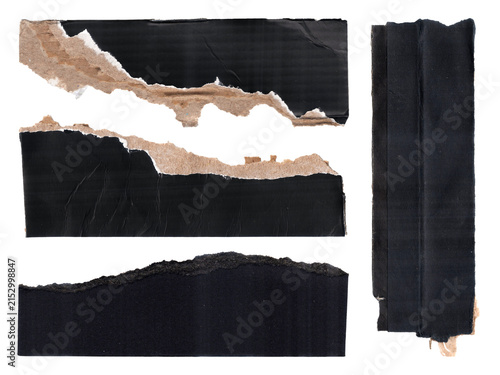 Set of torn black cardboard paper strips with rough edges isolated on transparent background