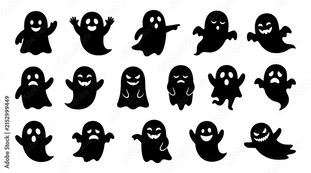 Fototapeta premium Cute Halloween ghost waving silhouette icon set with spooky and playful expressions