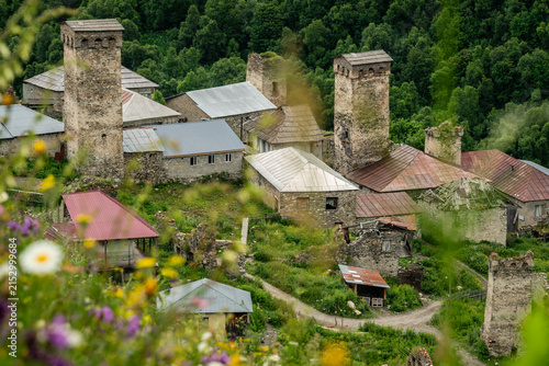 Adishi village, Traditional Svan towers, trans-Caucasian trail, Upper Svaneti, Caucasus mountain range, Georgia