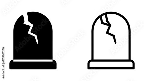 Quadro su tela Cracked Gravestone Icon: A stark, stylized illustration of a gravestone with a prominent crack, presented in both solid black and outline forms, symbolizing loss and remembrance