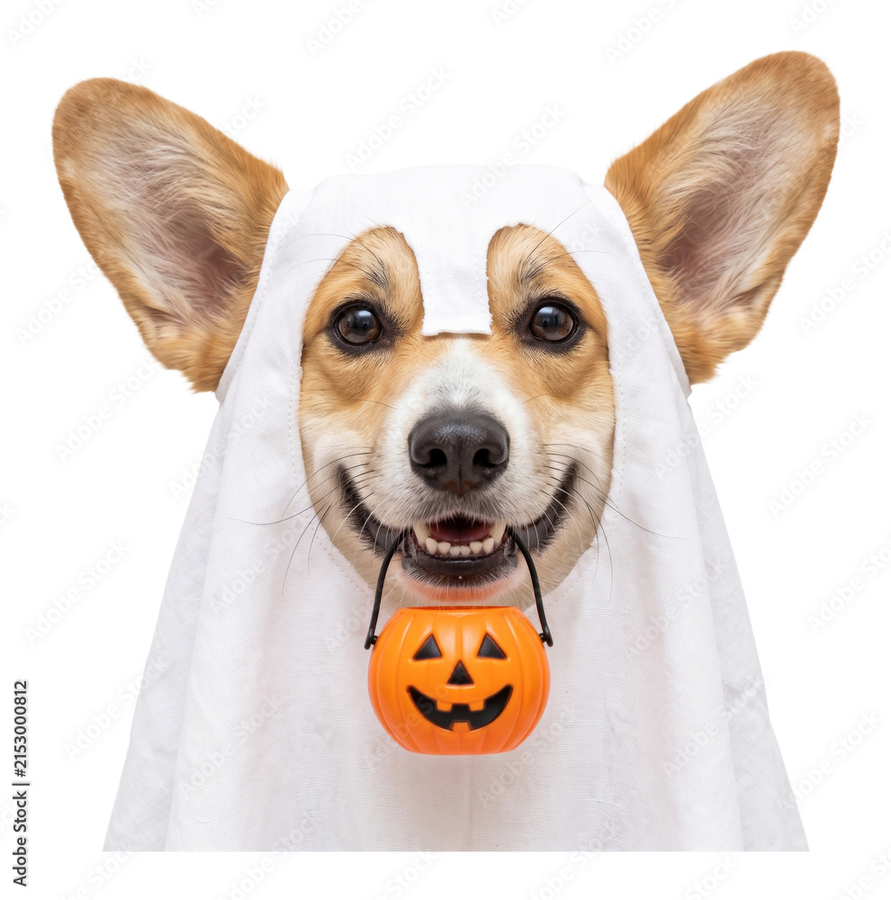 Fototapeta premium corgi wearing a ghost costume for halloween