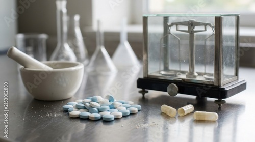 Split tablets, capsule shells, mortar and pestle, and analytical balance on a stainless lab bench for pharmaceutical formulation, dose uniformity, and combination drug development.