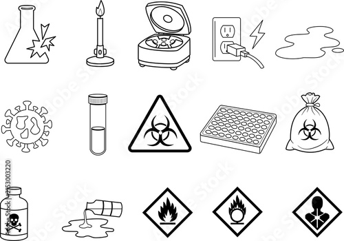Fotografía Laboratory safety and risk hazard line icon set