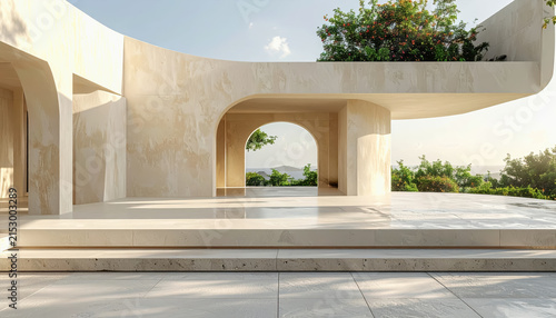 Modern architectural design with arches and natural light, overlooking a serene landscape with lush greenery and ocean view