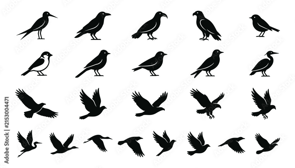 Obraz premium Wild bird silhouette vector icon set featuring flying and standing raven eagle sparrow dove heron and hawk symbols isolated on white background