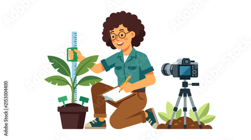 Scientist measuring plant growth with ruler and camera