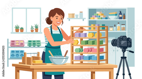 Woman making artisanal soap with camera filming
