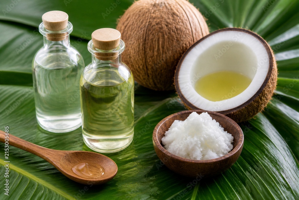 Fototapeta premium Coconut oil jars and coconut pieces displayed on tropical leaf