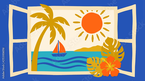 Summer vacation landscape vector illustration with a sunny tropical beach, palm tree, and sailboat framed by an open window