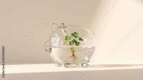 Minimalist 3d render of a transparent glass piggy bank filled with clear water and a growing green four leaf clover plant on a beige studio backdrop