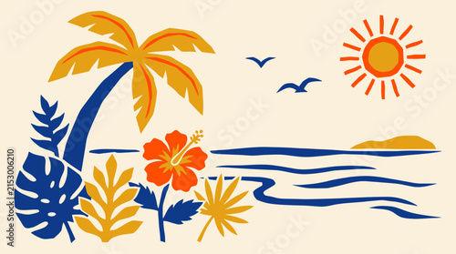 Vibrant and stylized illustration of a serene tropical beach scene featuring a majestic palm tree, hibiscus flower, lush foliage, the ocean, and a bright sun, evoking a peaceful summer vacation atmosp