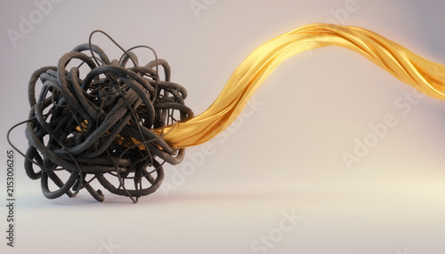 Abstract 3d render conceptual illustration of a tangled black wire ball unraveling into a smooth elegant flowing gold silk ribbon on minimalist background