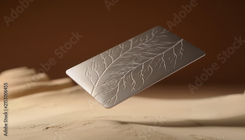 Abstract 3d render of a luxury titanium credit card with organic leaf vein patterns floating over a minimalist beige clay desert sand background