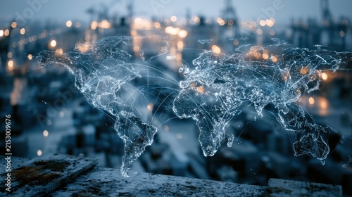 Digital world map overlay with global connections and city lights